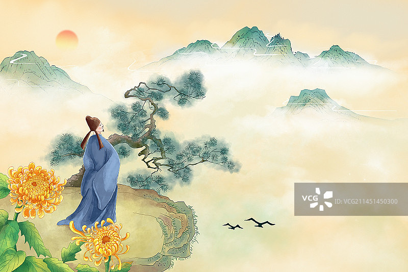 唯美山川远景悬崖上松树和古风男子赏菊花 中国风水墨画图片素材