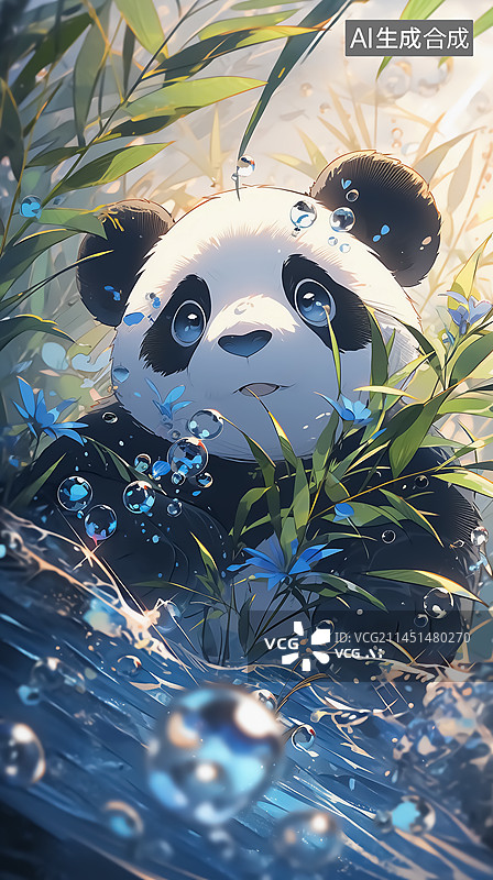 【AI数字艺术】竹林水中的熊猫图片素材