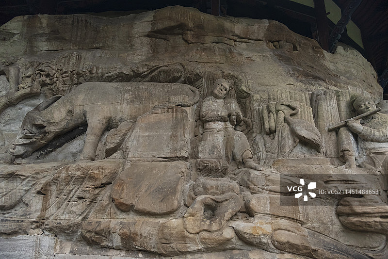 四川重庆大足石刻之宝顶山石刻：牧牛图图片素材