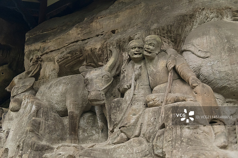 四川重庆大足石刻之宝顶山石刻：牧牛图图片素材