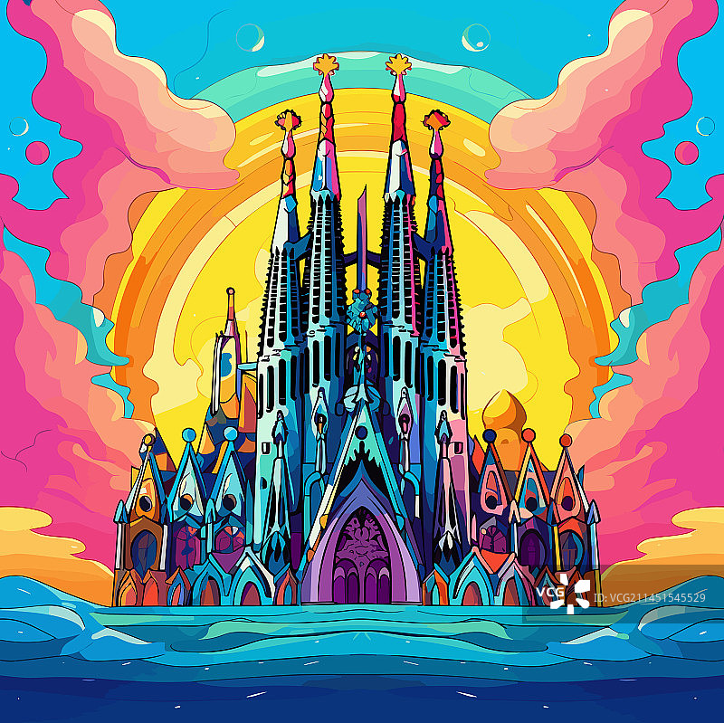圣家族教堂手绘漫画图片素材