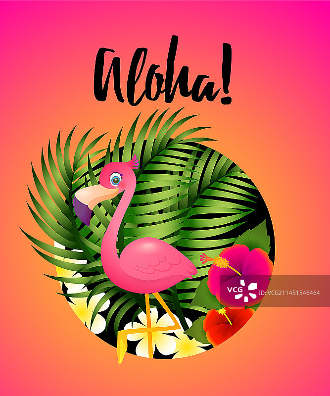 热带植物火烈鸟与夏威夷风情文字图片素材