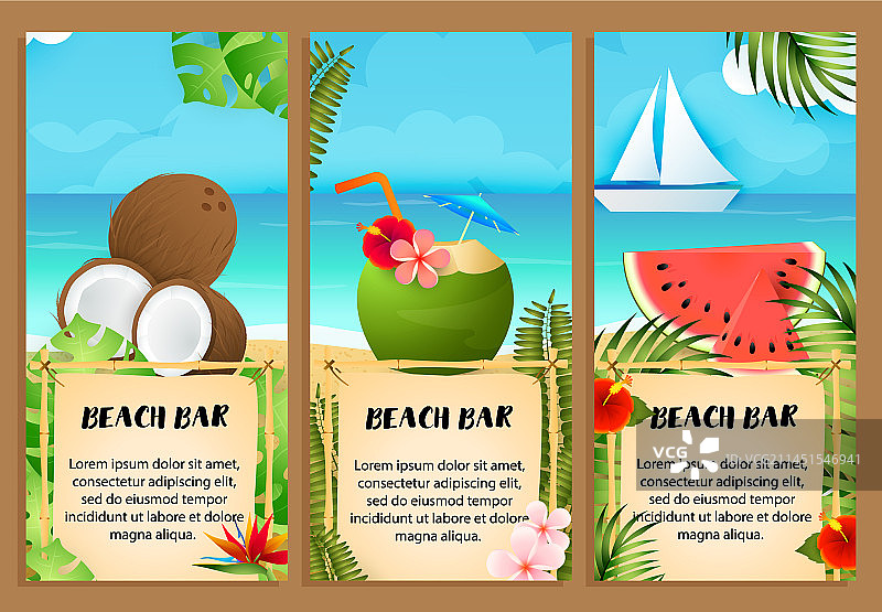 海滩酒吧字样，西瓜和椰子图片素材