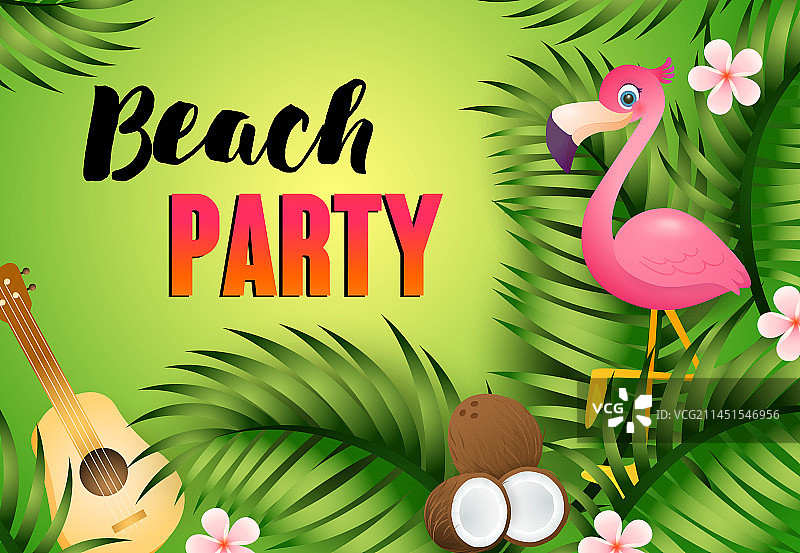 海滩派对文字与尤克里里火烈鸟图片素材
