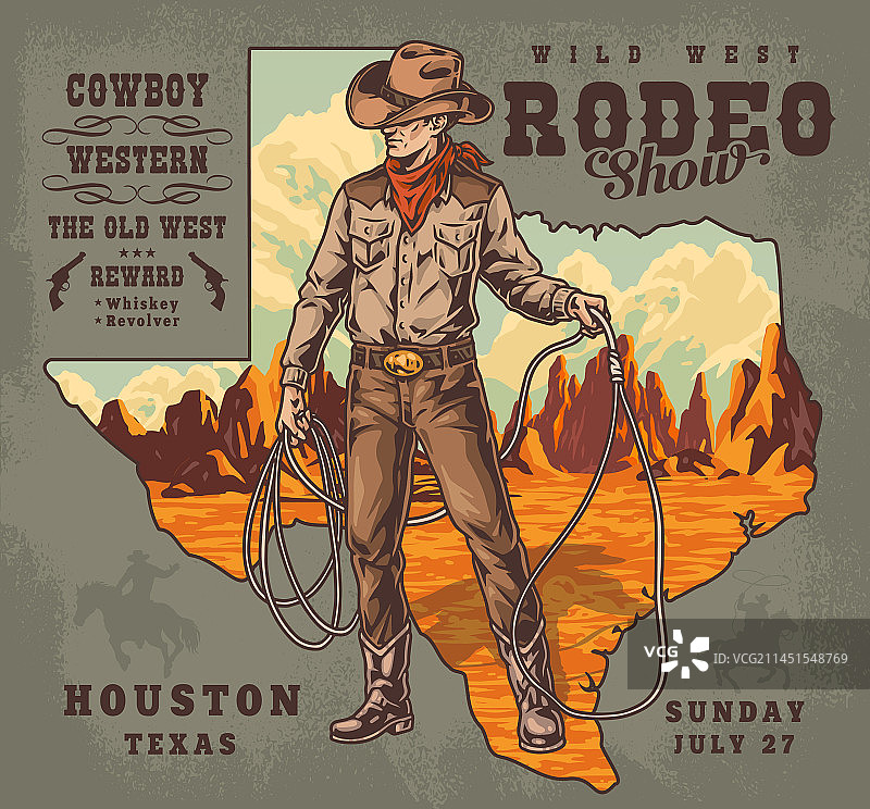牛仔竞技表演复古宣传单彩色设计图片素材