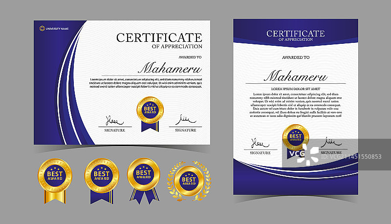 金色和蓝色感谢证书模板图片素材
