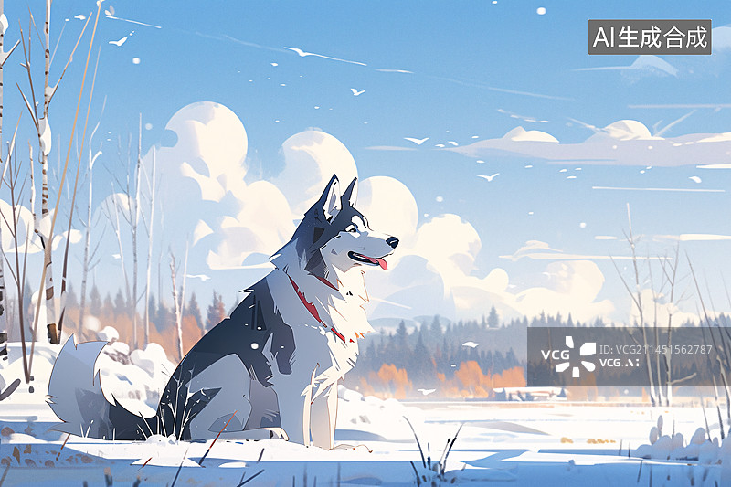 【AI数字艺术】哈士奇狗躺在雪景中，冬季背景插画图片素材