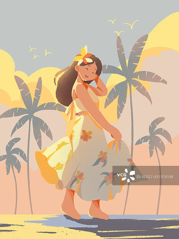 女孩夏天海边处暑扁平风肌理插画图片素材