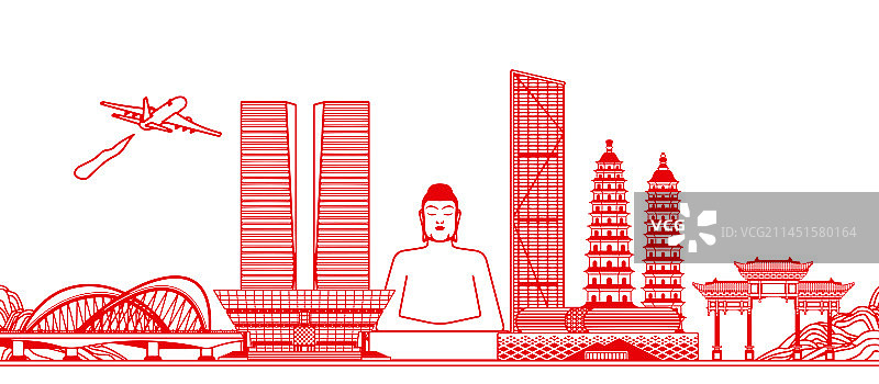 红色剪纸山西太原城市建筑插画图片素材