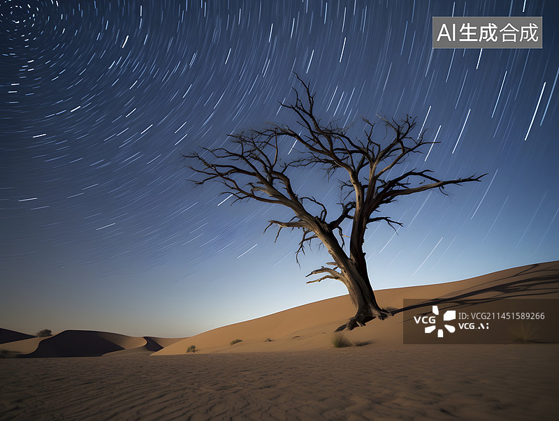 【AI数字艺术】沙漠中的枯树与星空图片素材