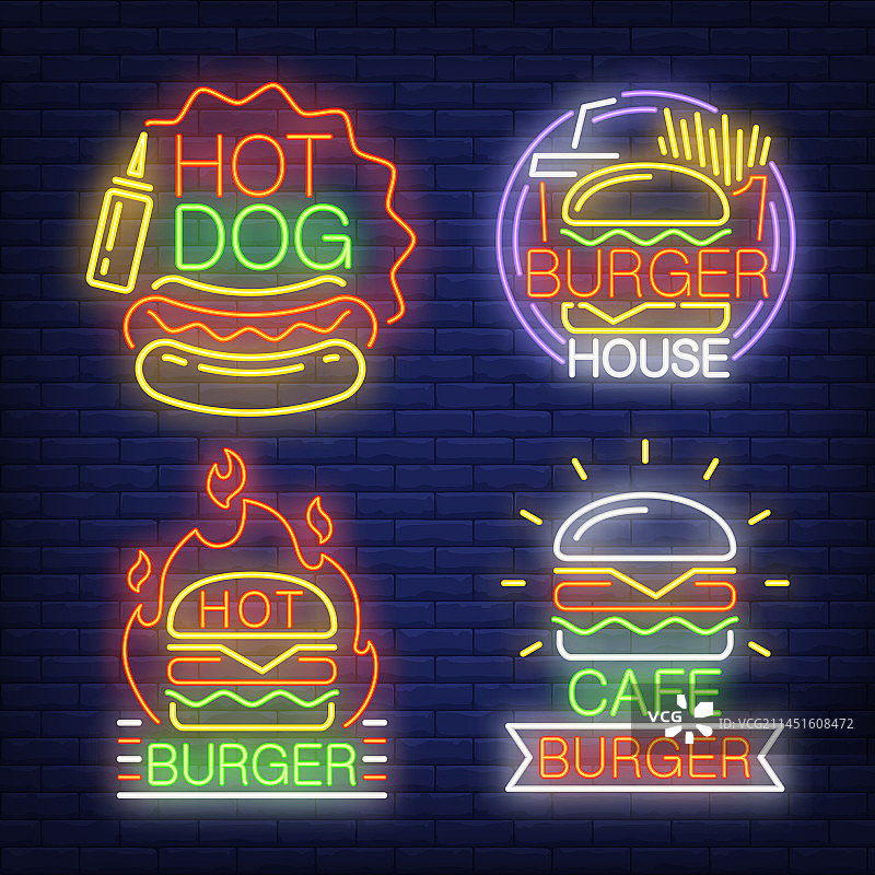 汉堡咖啡馆霓虹灯标志套装图片素材