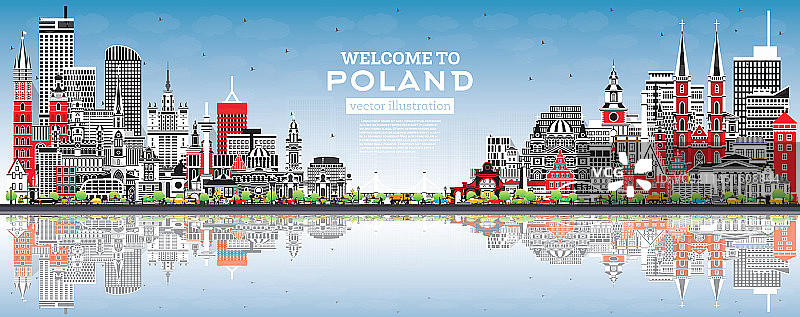 灰色建筑与蓝色天空下的波兰城市天际线图片素材