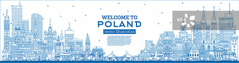 蓝色建筑波兰城市天际线轮廓图片素材