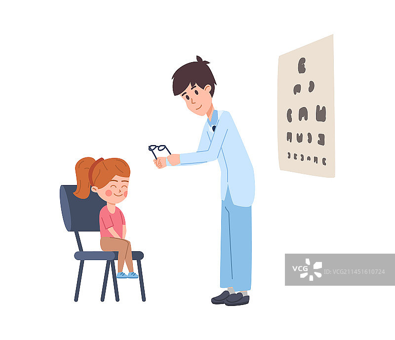 医生给小女孩戴眼镜（扁平风格）图片素材