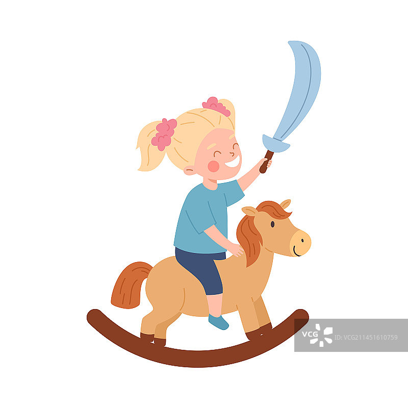 玩木马的金发女孩图片素材