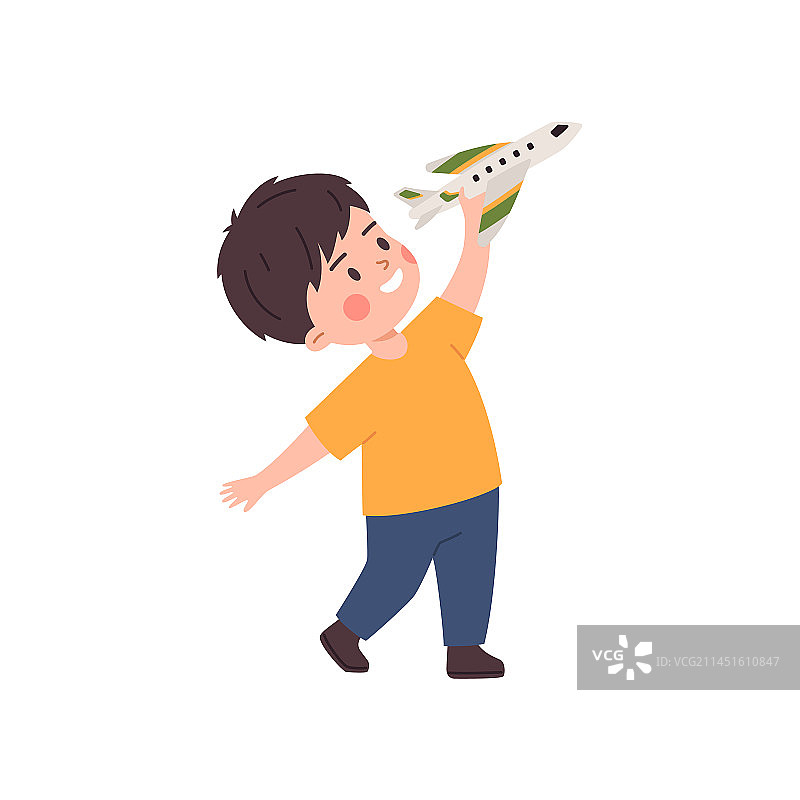 微笑的儿童男孩玩飞机扁平风格图片素材