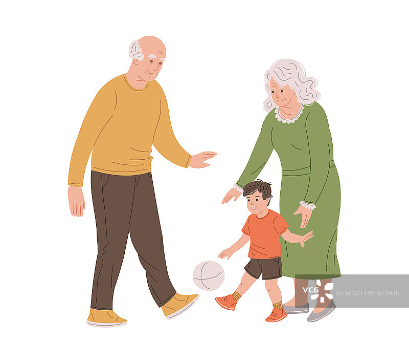 卡通爷爷奶奶和孙子踢球图片素材