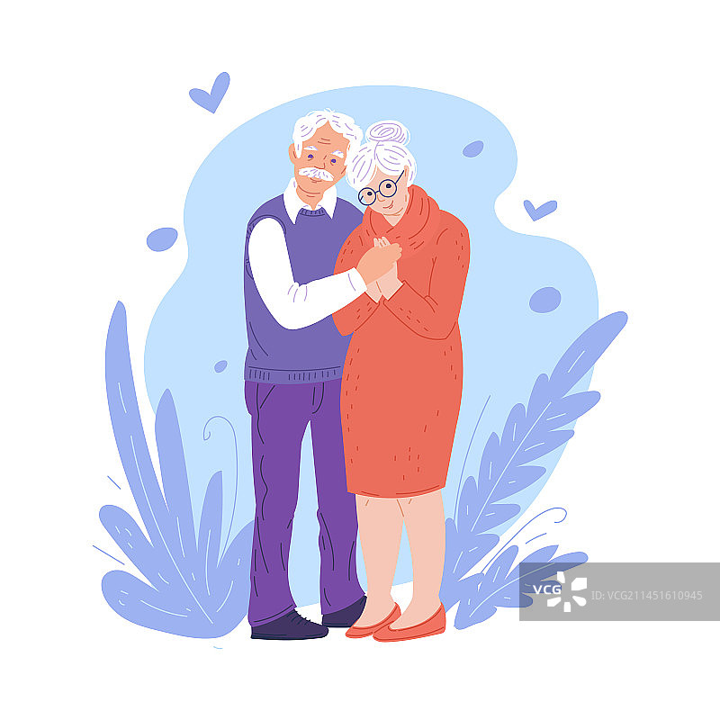 卡通祖父母温暖地牵着手图片素材