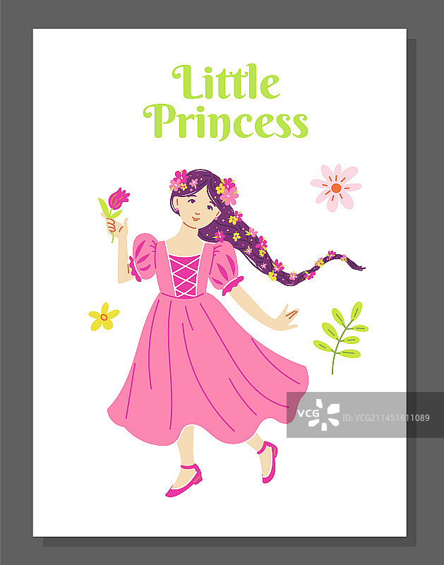 穿着粉色连衣裙、长辫子戴花的公主图片素材