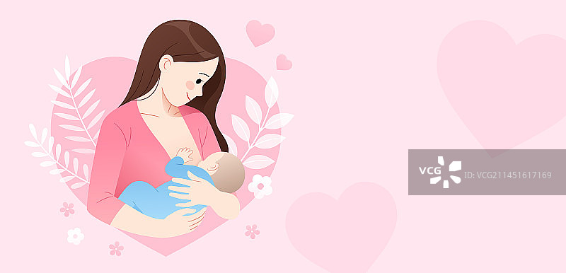 一位年轻母亲侧面抱着婴儿母乳喂养和粉色花草爱心矢量宣传插画图片素材