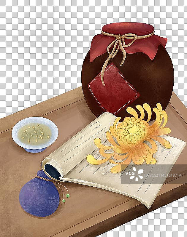 重阳节菊花酒古书木桌图片素材