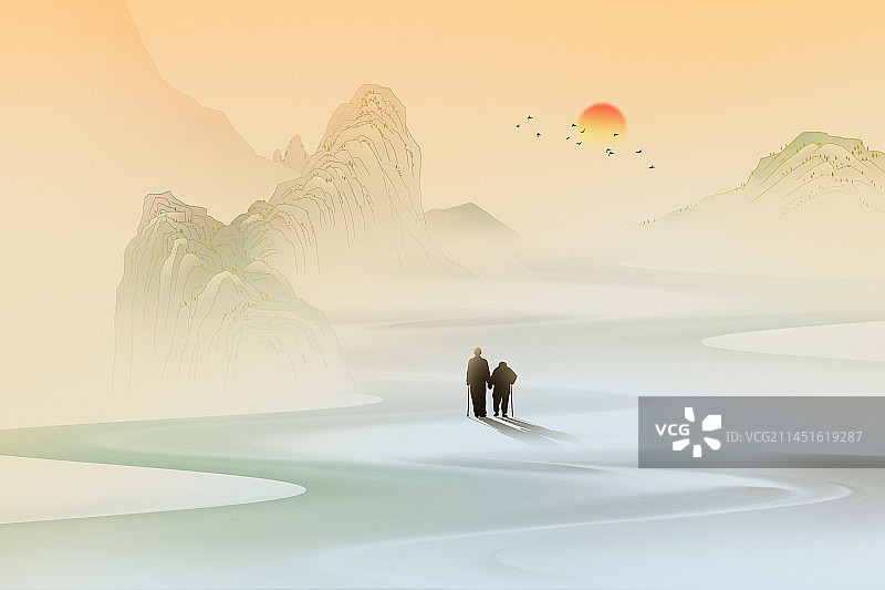 重阳登高唯美山川远景 搀扶的老人在山水画中行走 夕阳西下 中国风山水插画图片素材