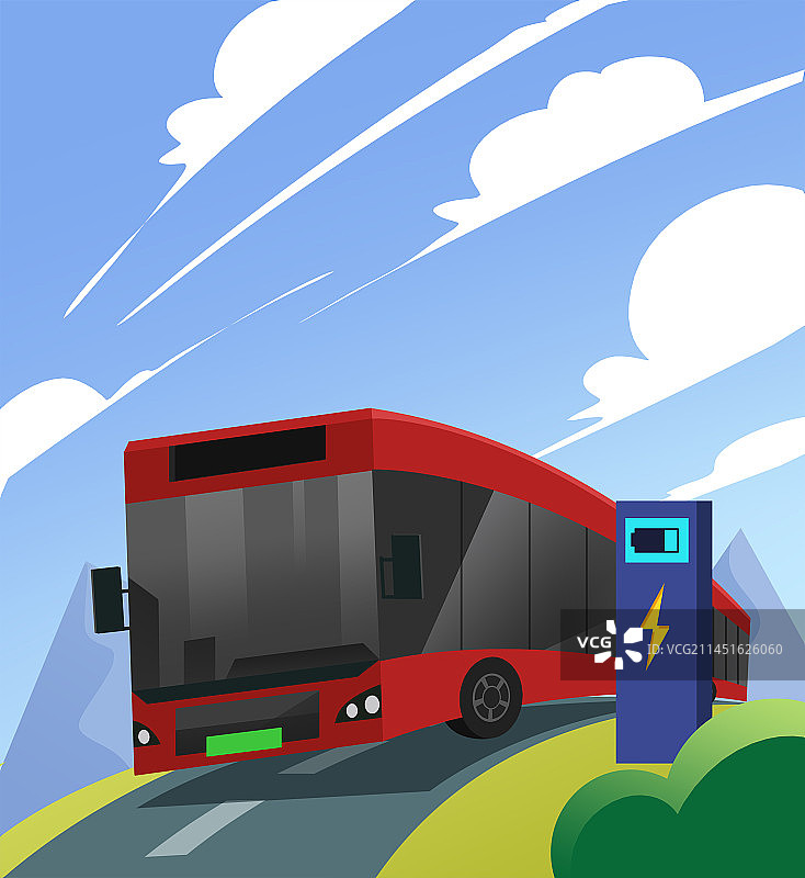新能源汽车公交车充电电池方便快捷高效节能马路公路行驶交通工具插画图片素材