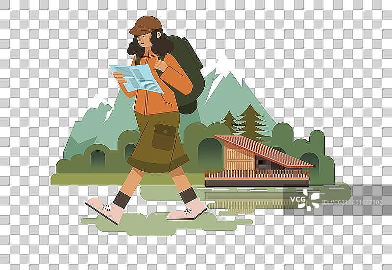 旅行背包客雪山木屋扁平风插画图片素材