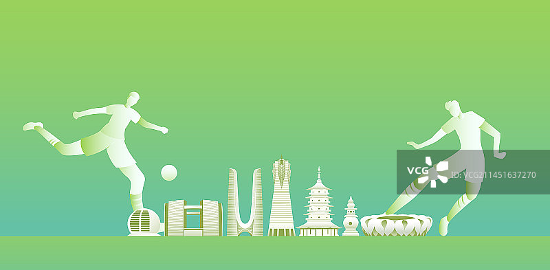 绿色杭州亚运会足球矢量插画，杭州城市天际线矢量地标建筑插画图片素材