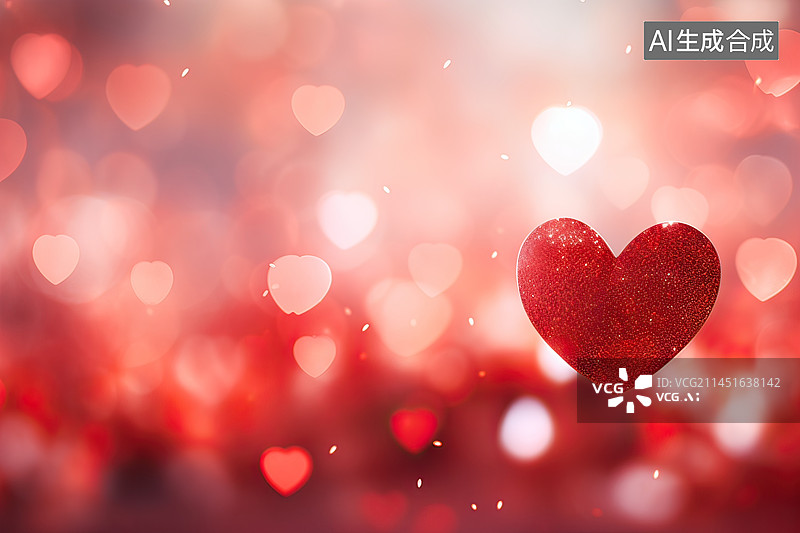 【AI数字艺术】红色模糊的散景与心形，情人节背景图片素材