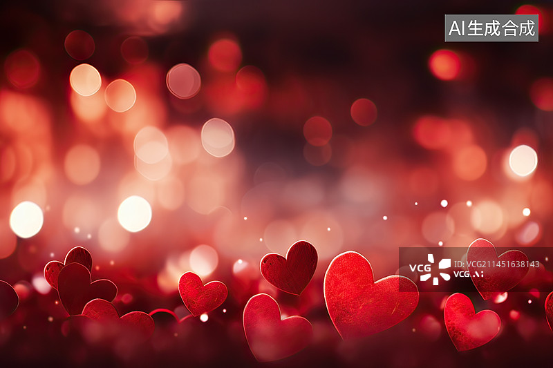 【AI数字艺术】红色模糊的散景与心形，情人节背景图片素材