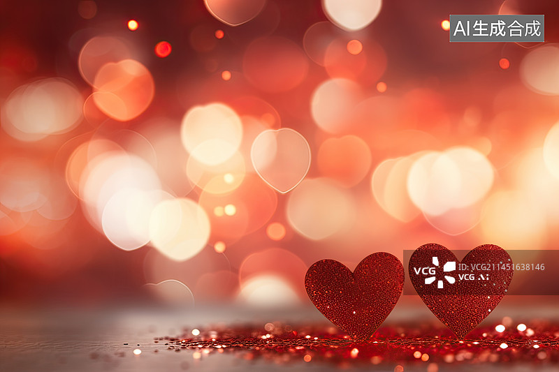【AI数字艺术】红色模糊的散景与心形，情人节背景图片素材