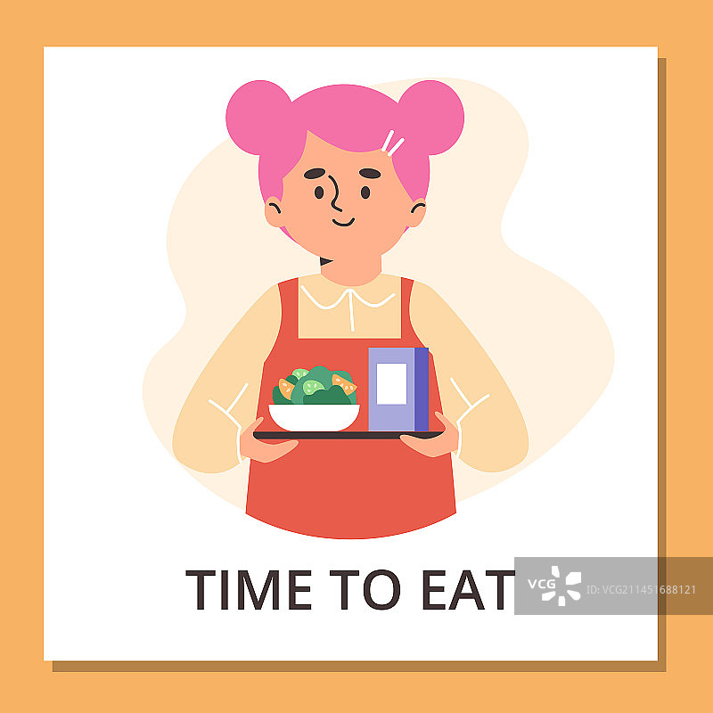 拿着托盘的微笑女孩方形banner图片素材