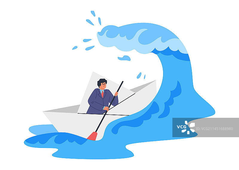 商务男士乘坐纸折纸船前进图片素材
