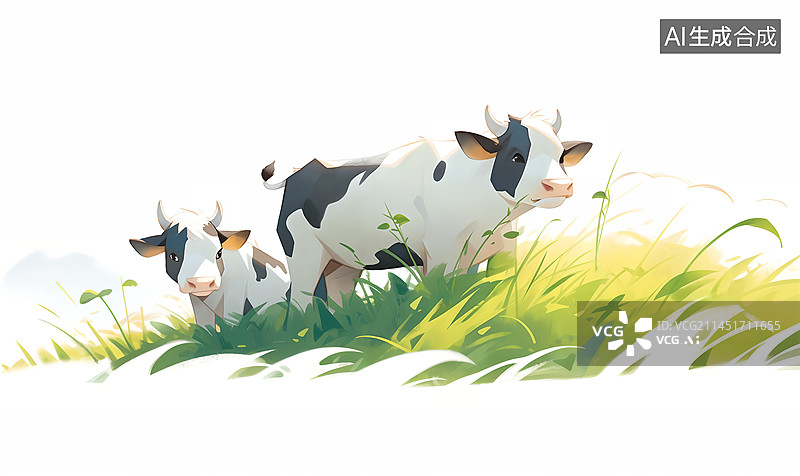【AI数字艺术】两头可爱的小奶牛草地白云插画图片素材