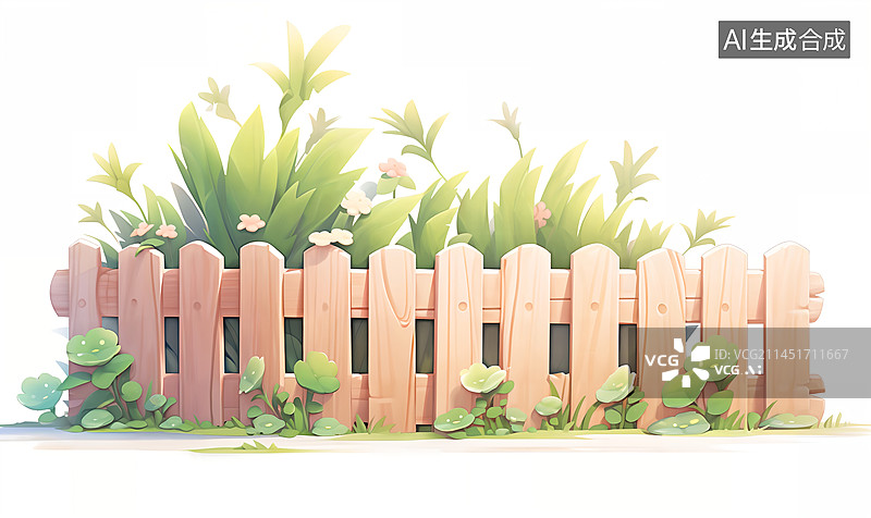 【AI数字艺术】木板篱笆草丛绿色温馨插画图片素材