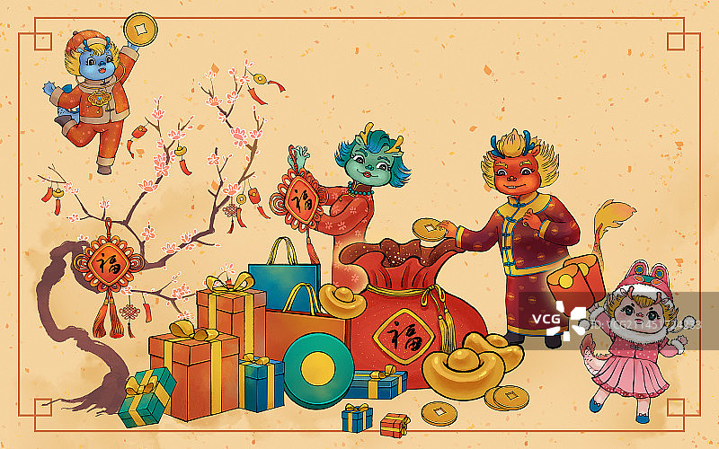 中国风龙年新年海报设计模版之招财纳福图片素材