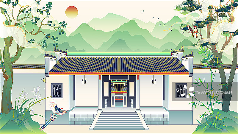 岳麓书院树鸟国潮矢量插画图片素材