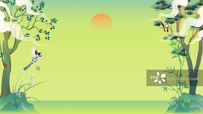 松竹兰花山诗意国潮风矢量插画图片素材