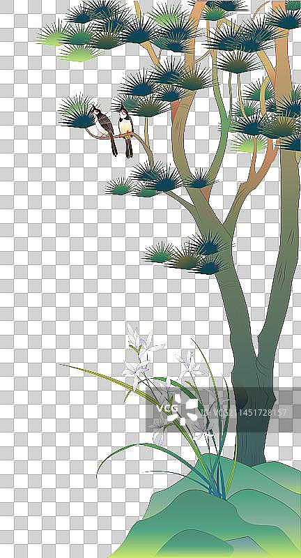 松树兰花山诗意国潮风矢量插画图片素材