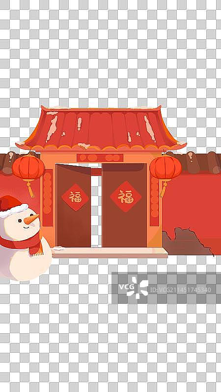 新年传统宅院古代建筑大门门口挂灯笼贴福字图片素材
