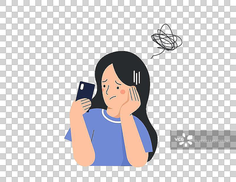 不高兴的托腮看手机思考发愁一团糟的女孩图片素材
