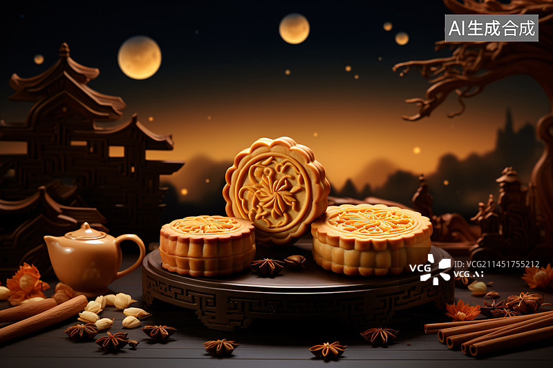 【AI数字艺术】中秋节月饼插画，中秋团圆活动背景图片素材