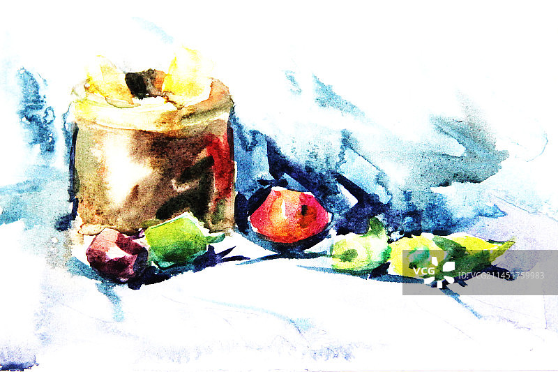 水彩画景物，蔬菜与陶罐图片素材