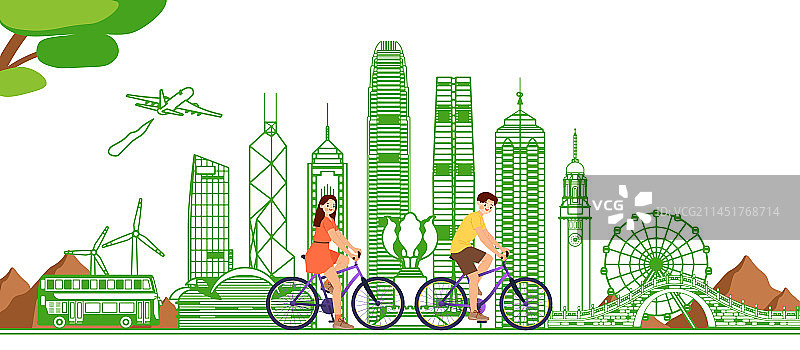 绿色智能中国香港建筑群插画图片素材
