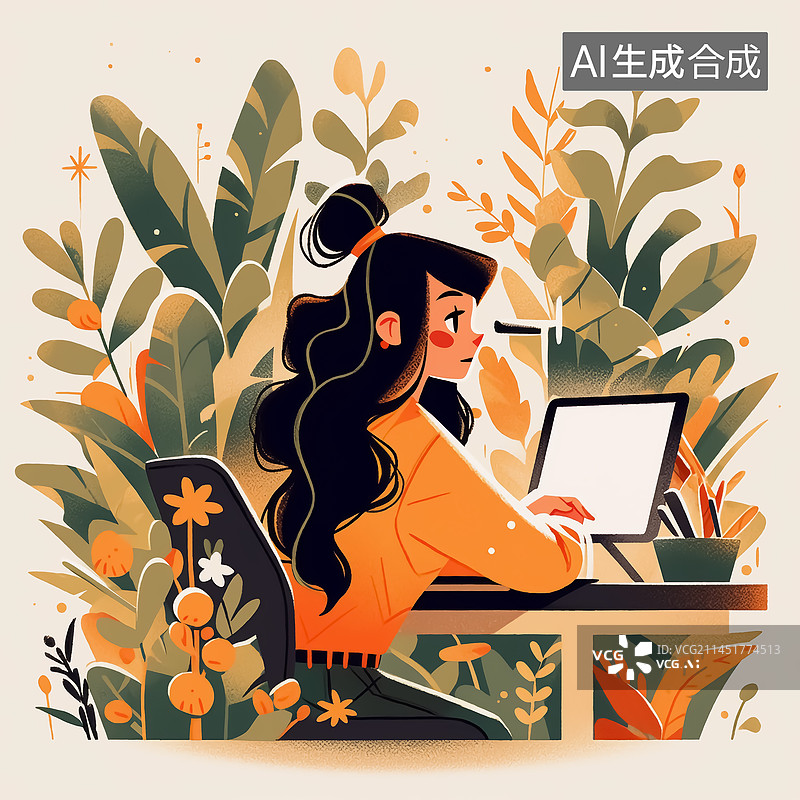 【AI数字艺术】女生在植物包围的场景里工作插画图片素材