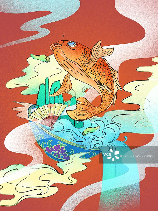 国潮插画鱼祥云图片素材