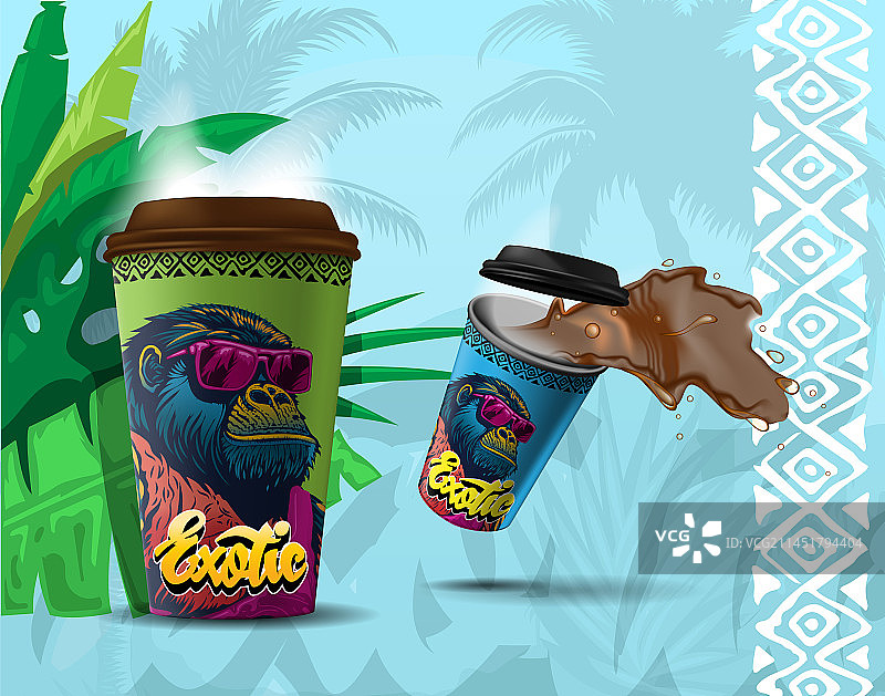 一次性咖啡杯上的时尚大猩猩图片素材