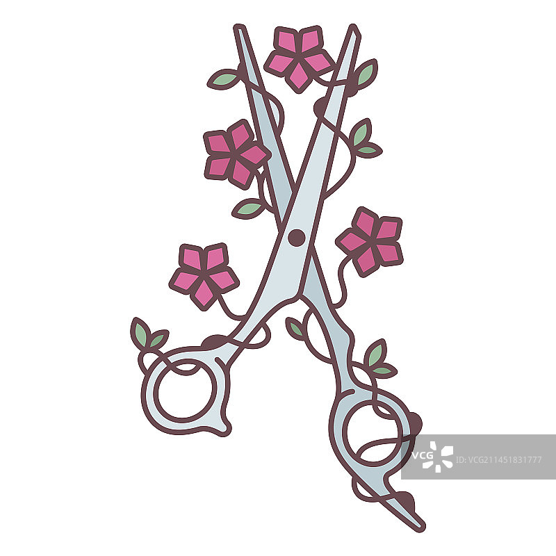 剪刀鲜花彩色笔触绘画图片素材