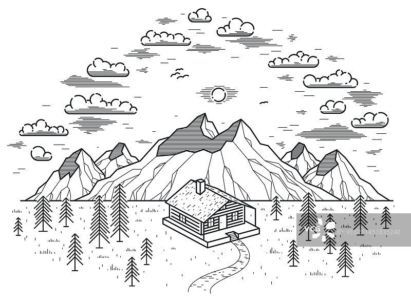 山间小屋线性自然景观图片素材